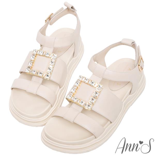 Ann’S大方鑽釦牛皮真皮-升級彈力厚底魔鬼氈涼鞋4cm-米白