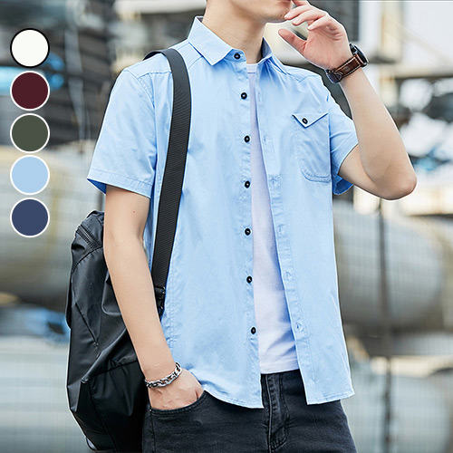 短袖襯衫 韓版素面修身下擺圓弧休閒口袋大尺碼職人短襯 現 預【NZ733002】