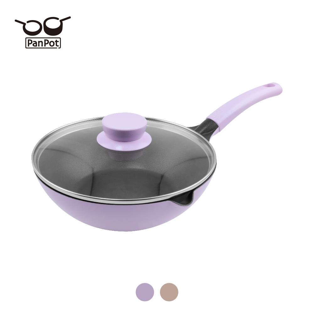 【日本PanPot】京都鍋系列 24CM 有嘴炒鍋（玻璃蓋／可電磁爐）(紫藤色/奶茶色)