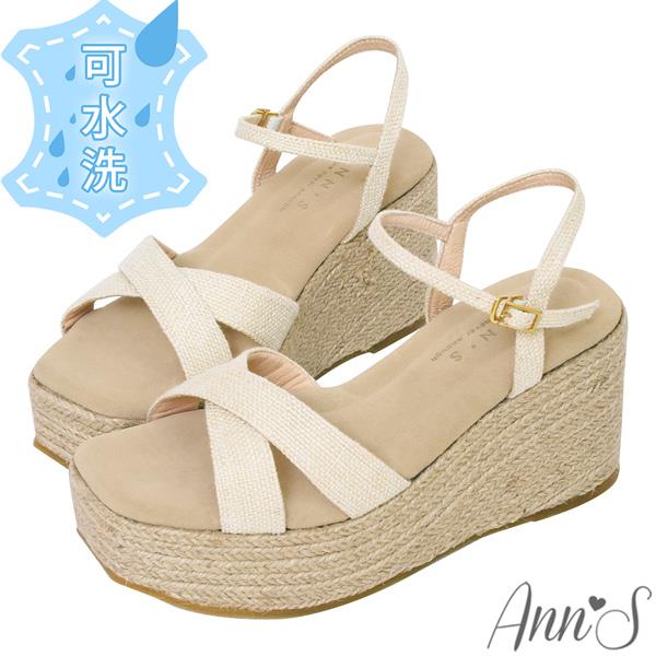 🎁買就送鞋撐🎁Ann’S水洗牛皮-8cm防前衝厚底！「清涼草編」美腿系輕量楔型涼鞋-杏