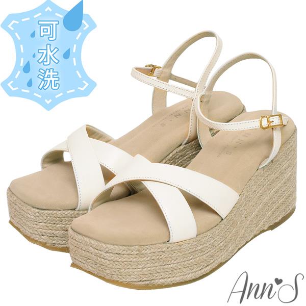 💎正價涼鞋買就送防水鞋袋💎Ann’S水洗牛皮-8cm防前衝厚底！「頂級羊皮顯瘦V口」美腿系輕量楔型涼鞋-米白