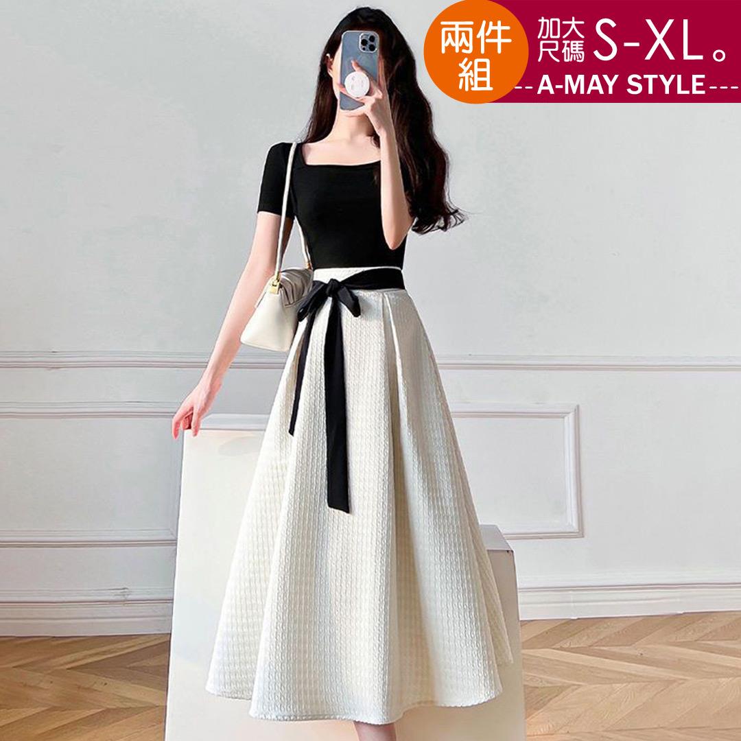 加大碼 兩件式 小香風朵結顯瘦中長裙套裝(S-XL)【XAM051549】＊艾美時尚(現 預)