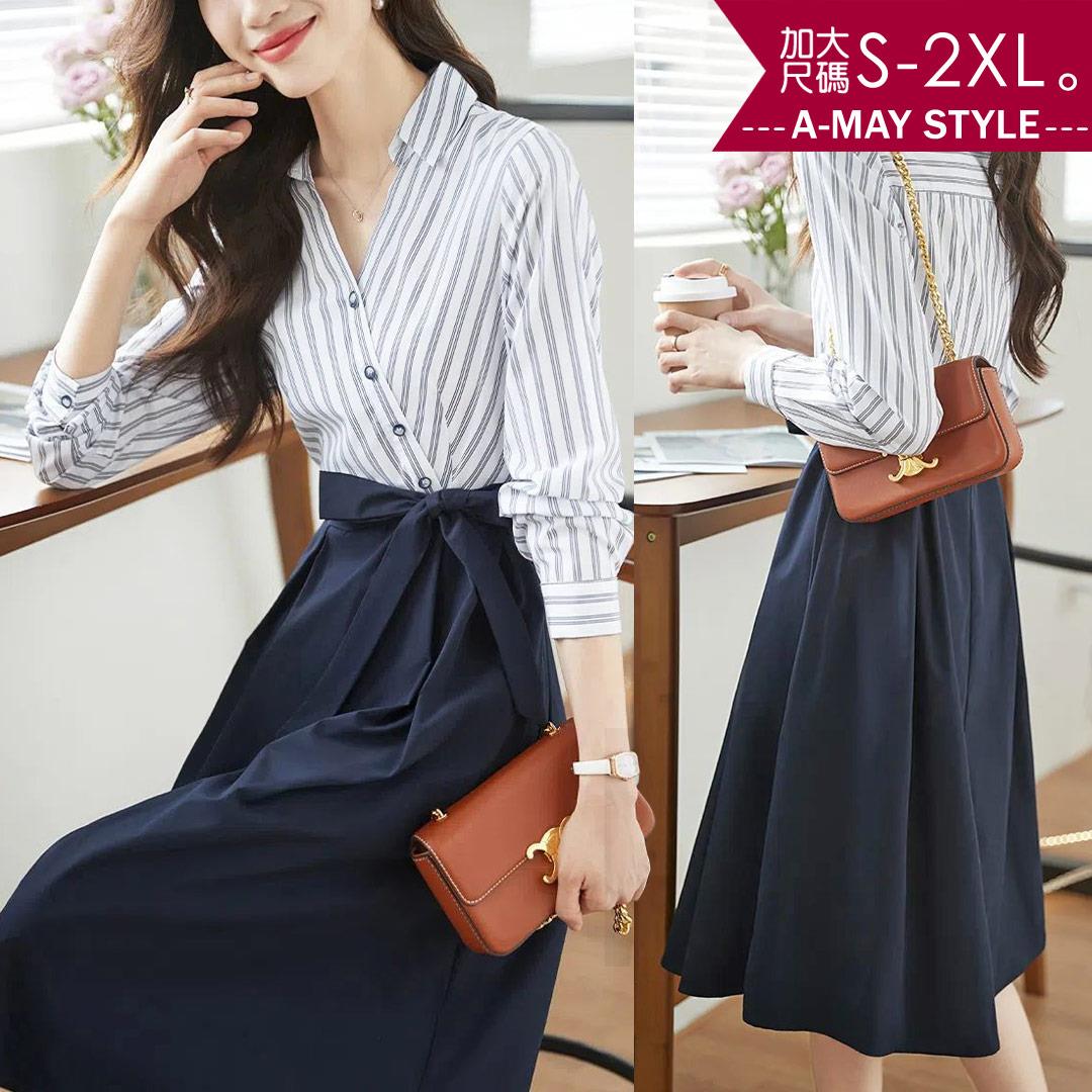 加大碼 連身洋裝 V領條紋拼接撞色顯瘦洋裝(S-2XL)【XAM011263】＊艾美時尚(現 預)