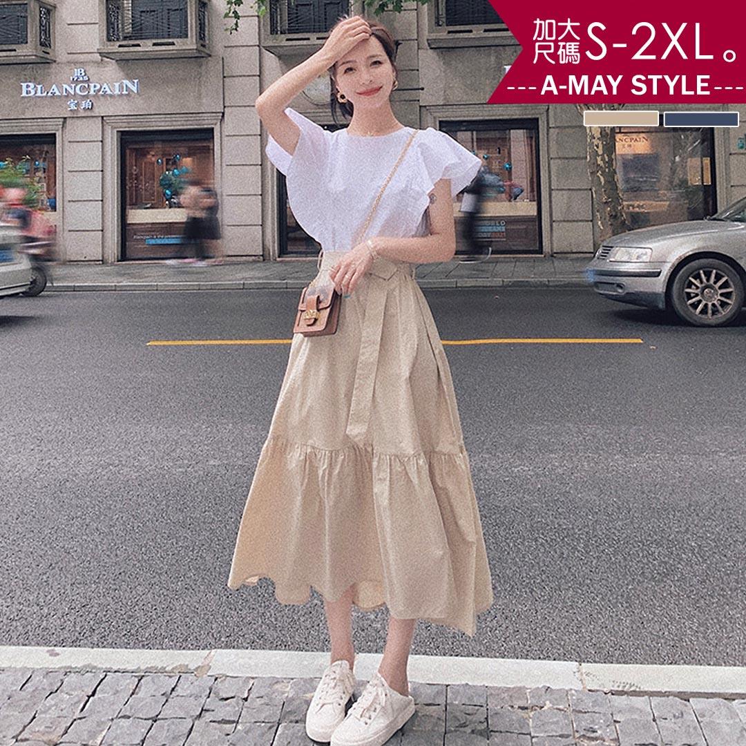 加大碼 連身洋裝 甜美荷葉袖撞色拼接洋裝(S-2XL)【XFU23S65】＊艾美時尚(現+預)