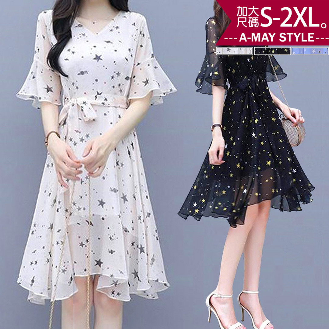 加大碼 連身洋裝 星空印花優雅顯瘦雪紡洋裝(S-2XL)【XMA3837440】＊艾美時尚(現貨)