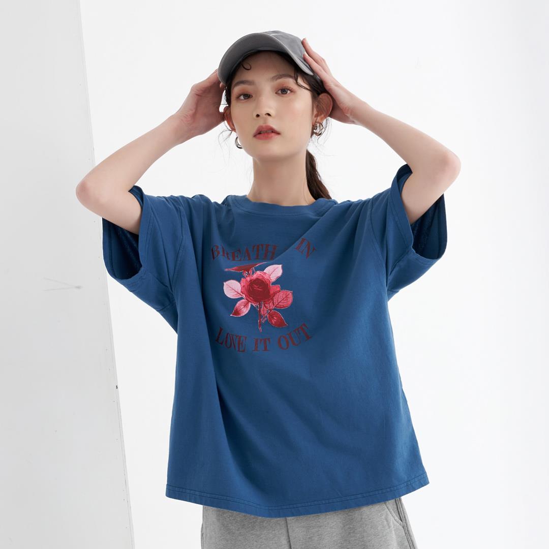 美式街頭玫瑰印花TEE(灰藍)-女