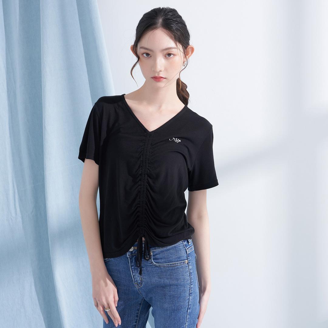 氣質柔軟抽皺造型TEE(黑色)-女
