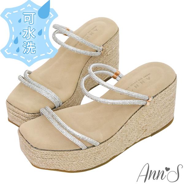 ☀️涼鞋專區滿千折百☀️Ann’S水洗牛皮-8cm防前衝厚底！「兩穿訂製水鑽細帶」美腿系輕量楔型涼鞋-米白