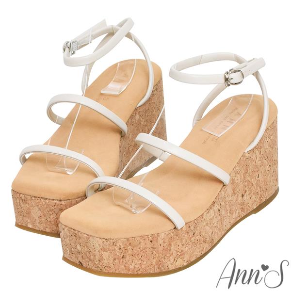 🍎任一雙現折$618🍎Ann’S水洗牛皮-8cm防前衝厚底！「柔軟三條帶」美腿系輕量楔型涼鞋-白
