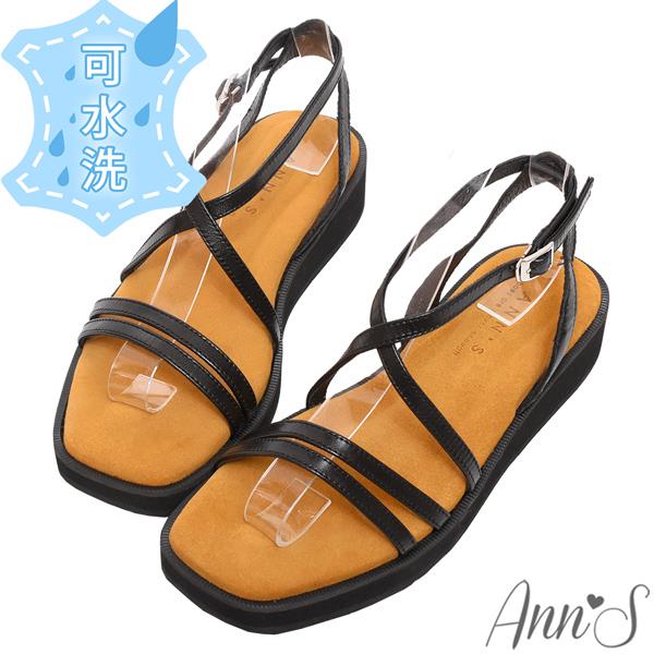 💐母親節限定專區最高7折💐Ann’S水洗牛皮-3.5cm小心機厚底！「交叉細帶」方頭涼鞋-黑