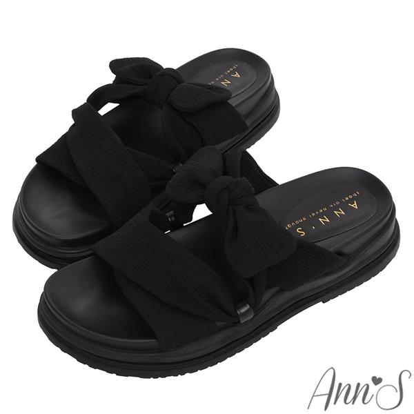🎁買就送鞋撐🎁Ann’S大推寬肉水腫腳!柔軟大蝴蝶結-升級彈力厚底涼拖鞋4cm-黑