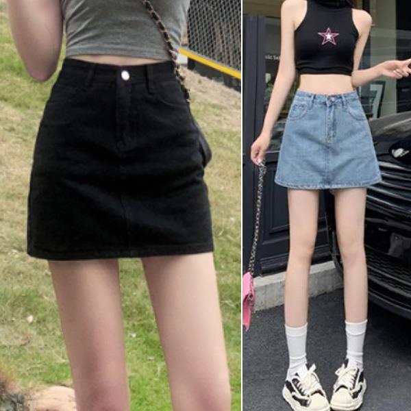 S-XL韓版休閒高腰牛仔裙短裙女 顯瘦A字包臀辣妹半身裙小個子短裙(2色)-凱西娃娃