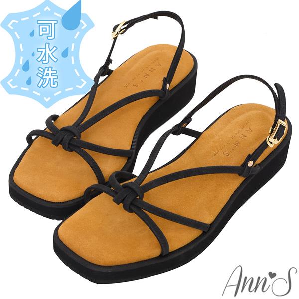 🍎任一雙現折$618🍎Ann’S水洗牛皮-3.5cm小心機厚底！「柔軟細帶扭結V口顯瘦」方頭涼鞋-黑