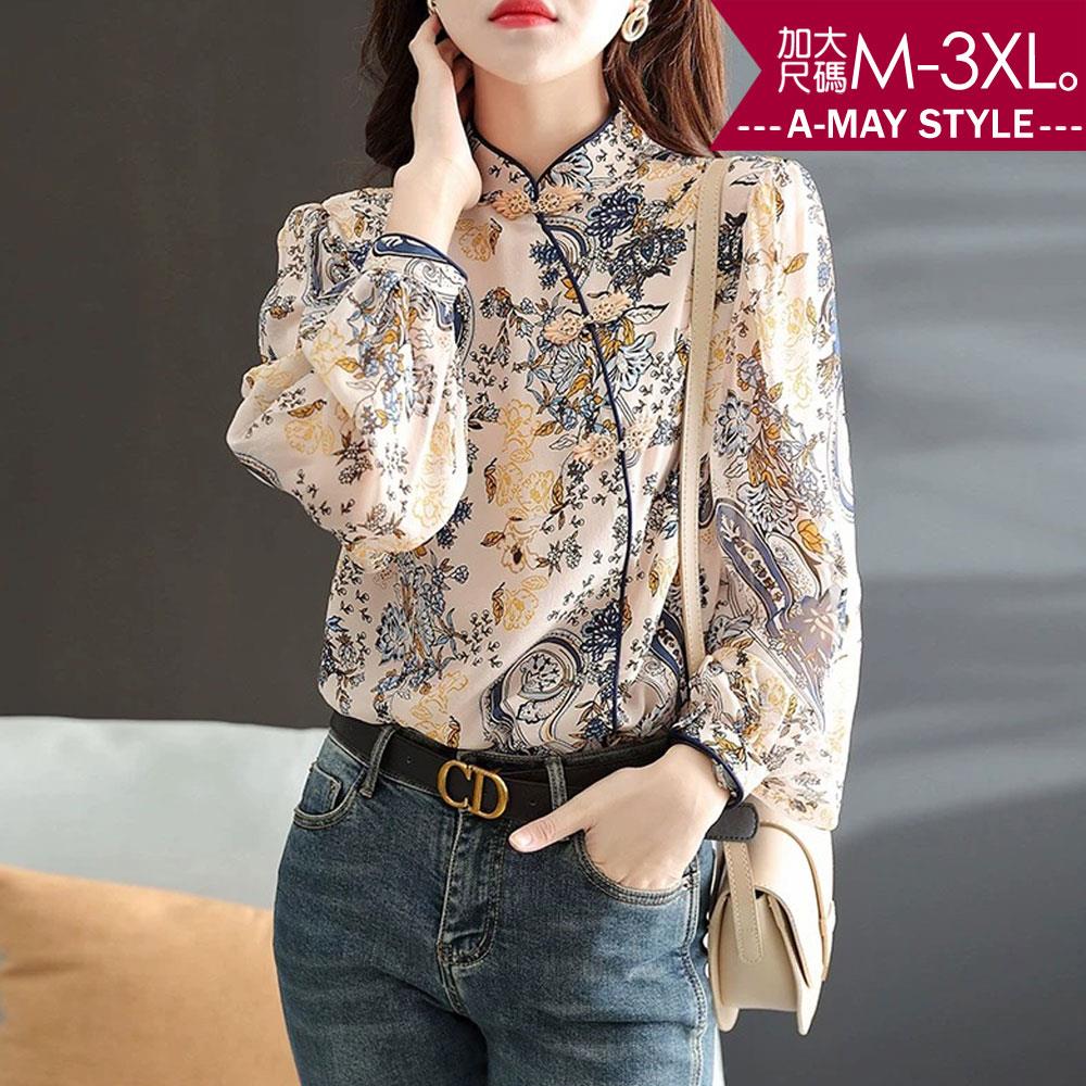 加大碼上衣-復古中式立領印花襯衫(M-3XL)【XSW22S46】＊艾美時尚(現 預)