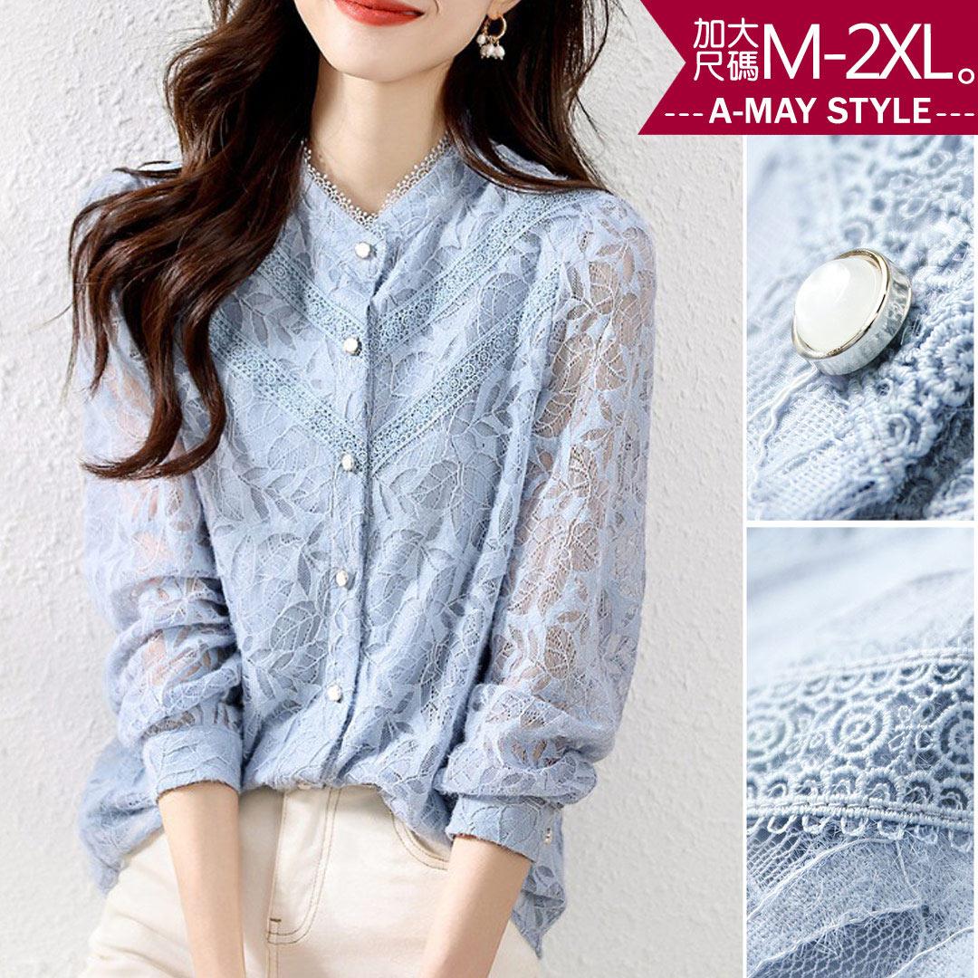 加大碼上衣-洋溢氣質花領蕾絲襯衫(M-2XL)【XAM760145】＊艾美時尚(現 預)