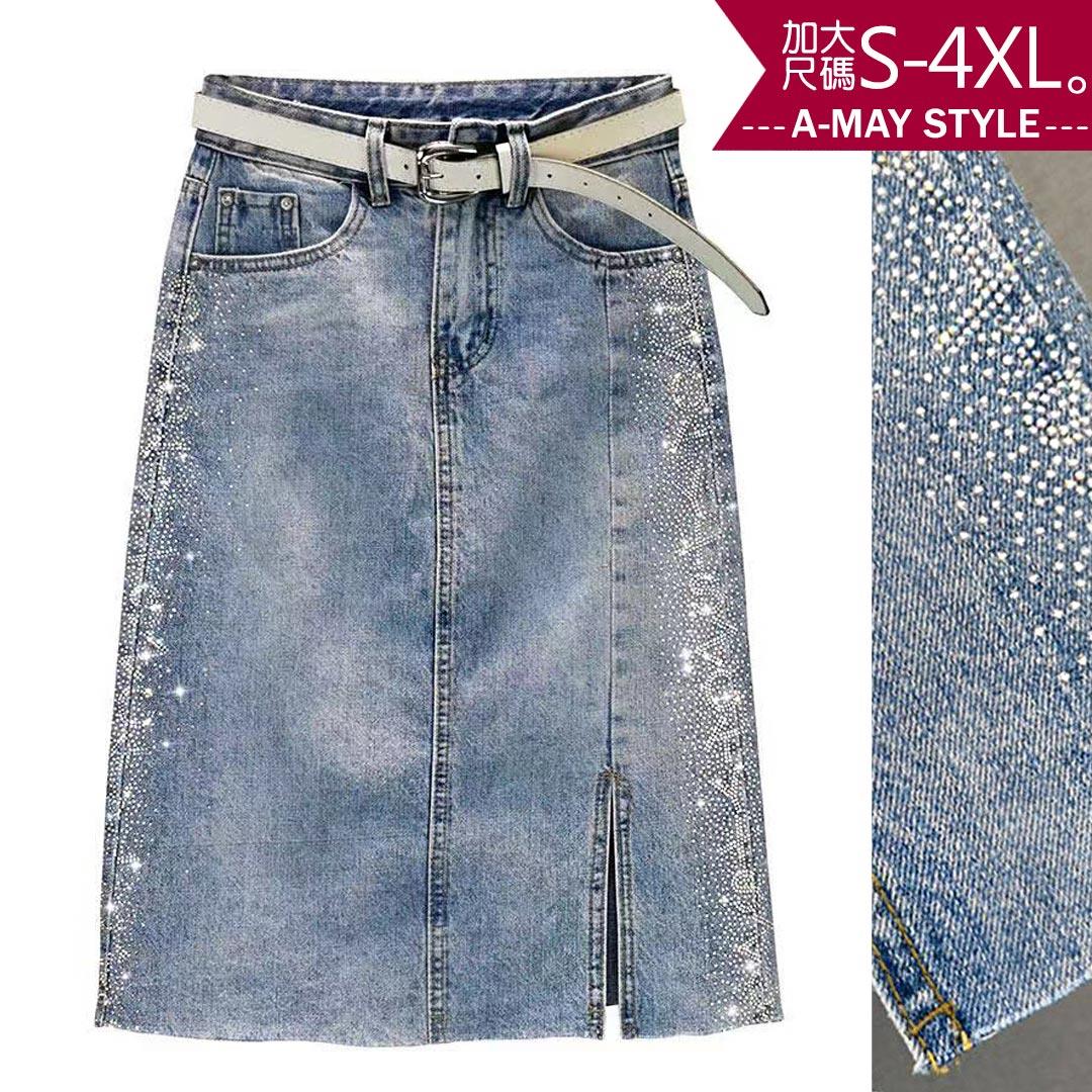加大碼半身裙-璀璨燙鑽中長牛仔裙(S-4XL)【XC062359】＊艾美時尚(現 預)