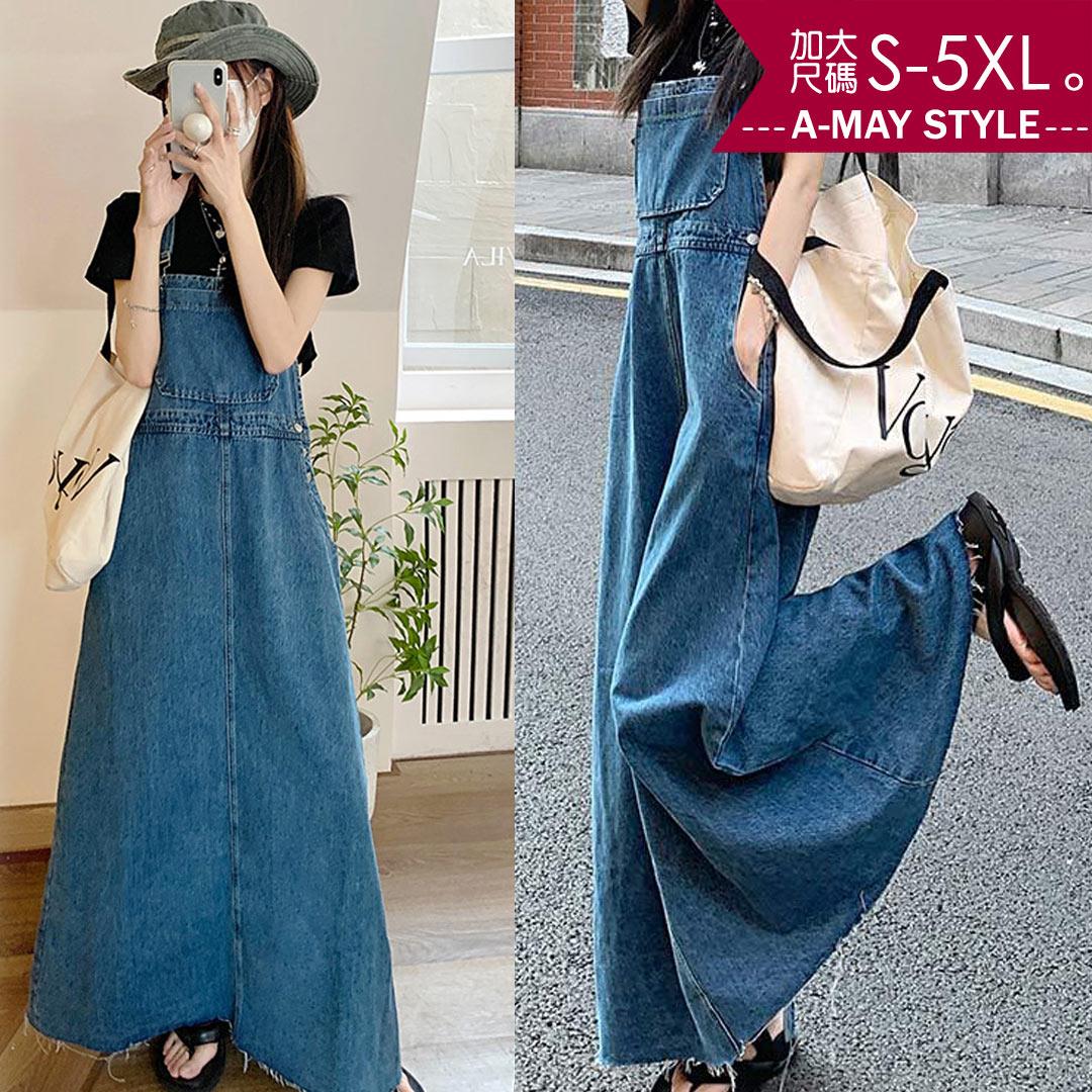 加大碼 長裙-減齡後開衩休閒牛仔吊帶裙(S-5XL)【XML22S60】＊艾美時尚(現 預)