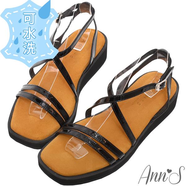 🍎任一雙現折$618🍎Ann’S水洗牛皮-3.5cm小心機厚底！「羊漆皮真皮交叉細帶」方頭涼鞋-黑