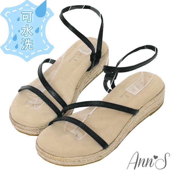 🍎任一雙現折$618🍎Ann’S水洗牛皮-3cm小心機厚底！「牛皮真皮時髦弧線細帶」草編圓頭涼鞋-黑