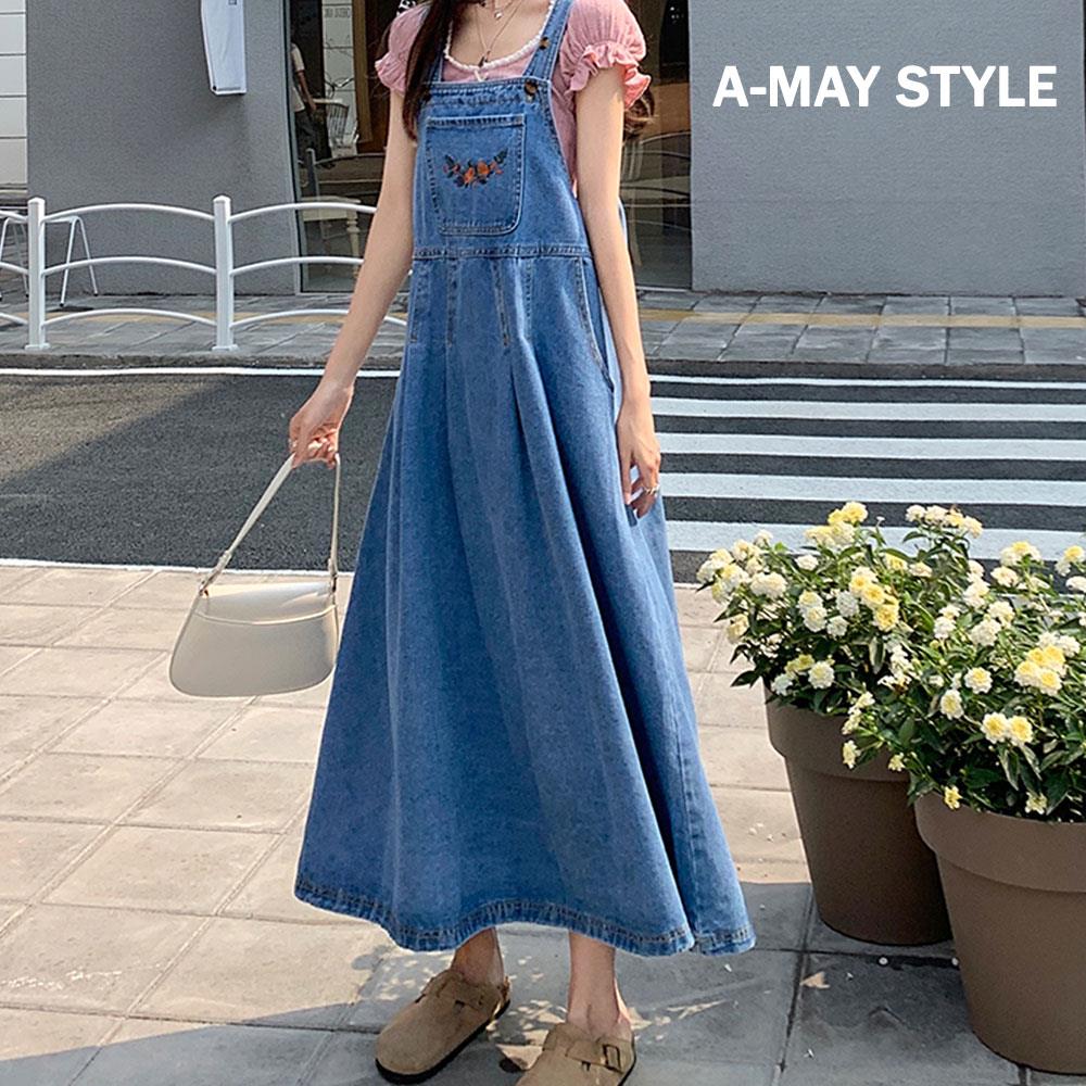 裙裝 丹寧背心裙 復古刺繡少女感牛仔吊帶裙(S-L)【XMU1664105】＊艾美時尚(現 預)