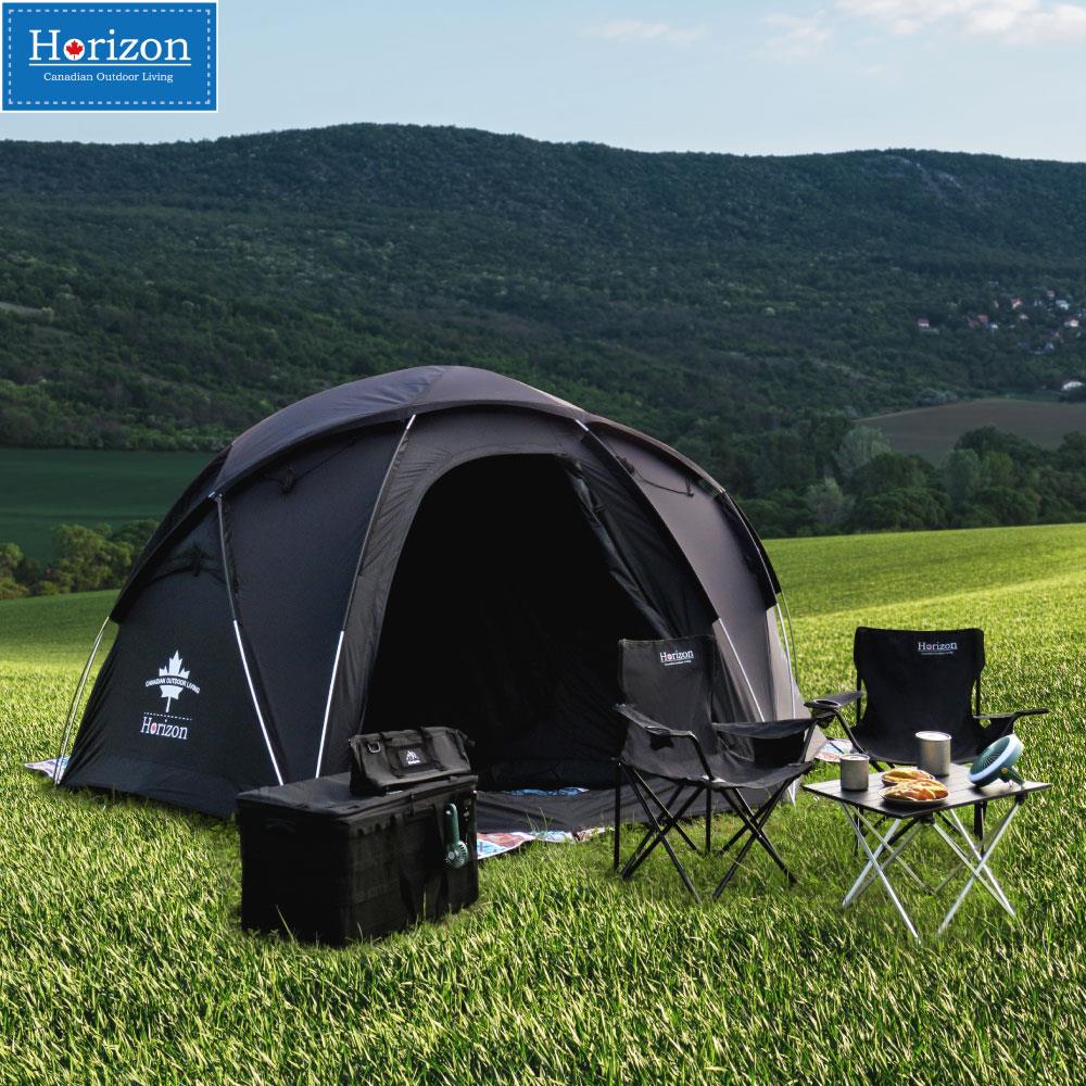 「超值組合同步供應」Horizon BaseCamp 黑化野營球形雙層帳｜球型基地帳+內掛家庭帳，可容納兩張加大雙人睡墊｜三門客廳帳可容納 6~8人圍爐烤火｜半球型結構、抗風抗雨，耐高溫煙囪口，可搭配柴火爐｜一年保固，終身保修，達人實測推薦五星黑球帳｜專案限量 Pomoly 純鈦柴爐＋球型帳 熱露組