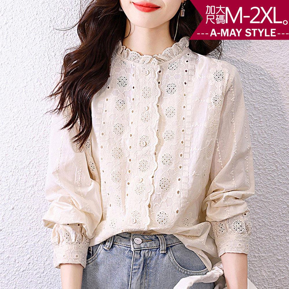 加大碼上衣-蕾絲花邊領氣質刺繡襯衫(M-2XL)【XMI2900160】＊艾美時尚(現 預)