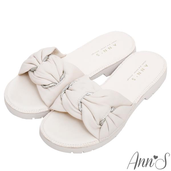 💐母親節限定專區最高7折💐Ann’S名媛野餐局-小羊皮全真皮立體抓皺鑽條 軟Q平底涼拖鞋-白(版型偏小)