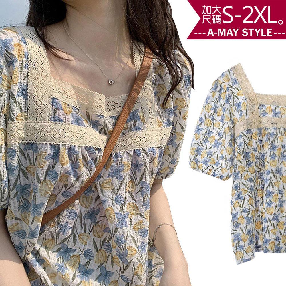 加大碼女裝-方領碎花寬鬆休閒上衣T恤(S-2XL)【XKC97518】＊艾美時尚(現 預)