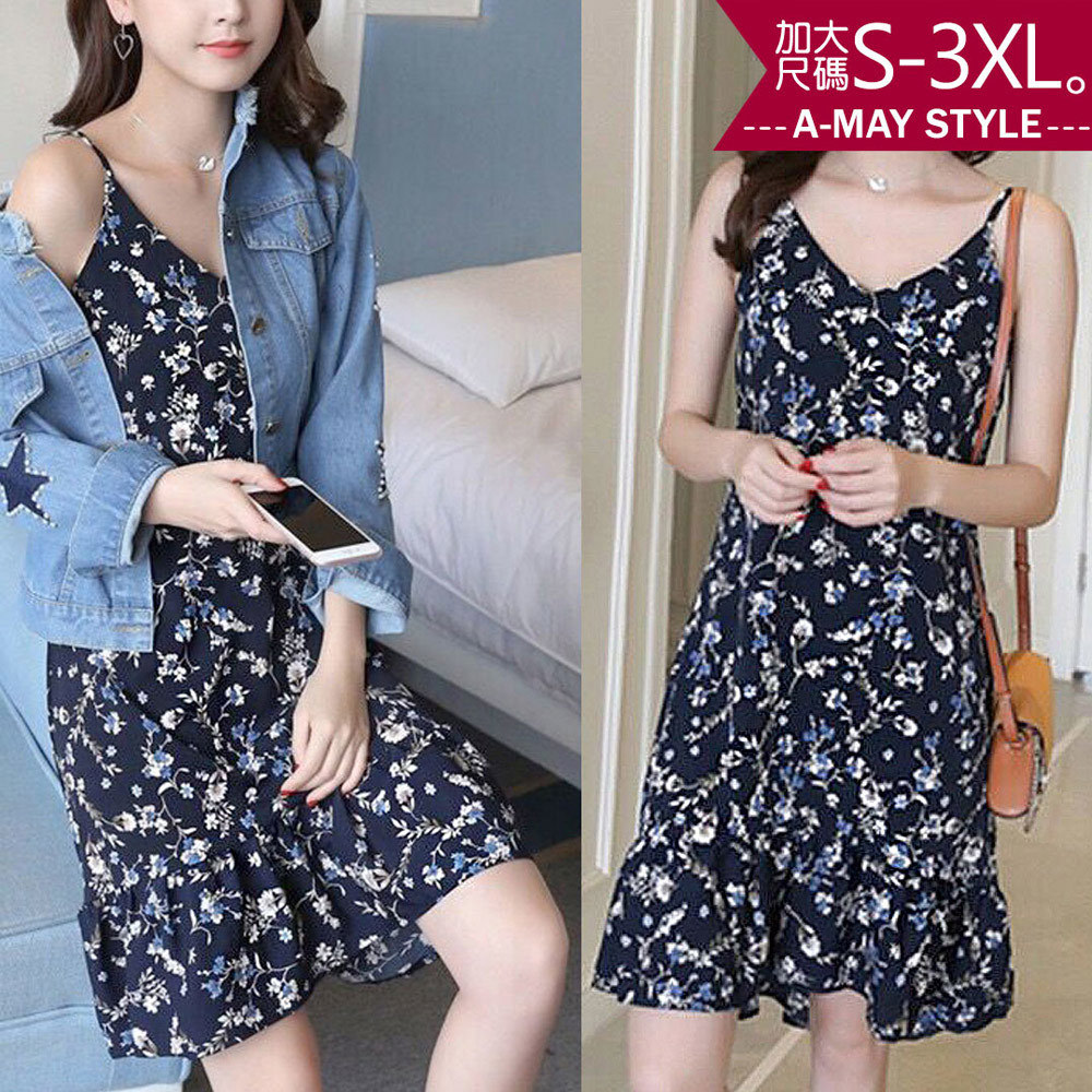 加大碼連身裙-休閒小碎花吊帶雪紡洋裝(S-3XL)【XKC116619】＊艾美時尚(現 預)