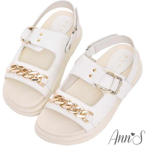🍎任一雙現折$618🍎Ann’S粗金鍊兩穿牛皮真皮-升級彈力厚底魔鬼氈涼鞋4cm-白