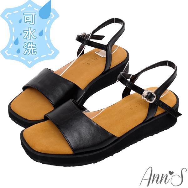 🍎任一雙現折$618🍎Ann’S水洗牛皮-3.5cm小心機厚底！「真皮牛皮素面一字」方頭涼鞋-黑
