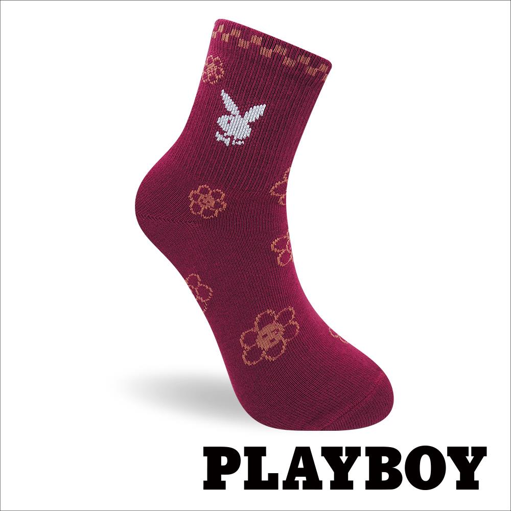 【襪款任選4雙$395 、9雙$750】 PLAYBOY方格小花女休閒襪-棗紅(BY2523)
