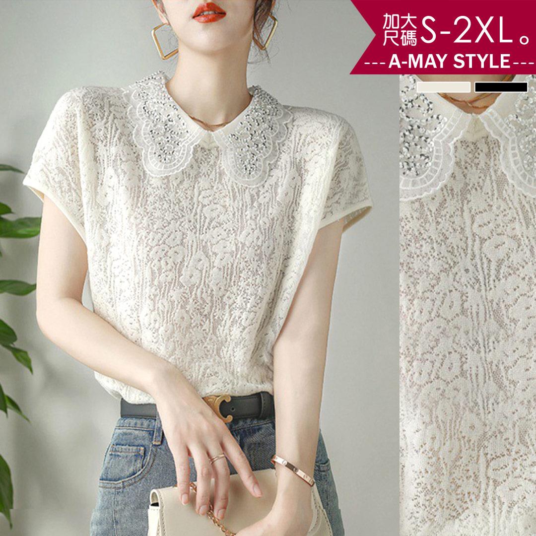 加大碼上衣-復古風娃娃領針織短袖上衣(S-2XL)【XAL903241】＊艾美時尚(現 預)