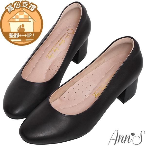 Ann’S每日優雅-小羊皮圓頭粗跟全真皮包鞋5cm-黑