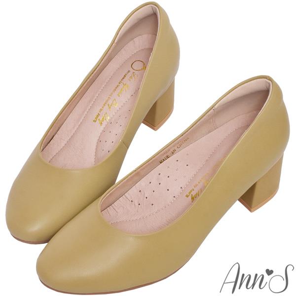 Ann’S每日優雅-小羊皮圓頭粗跟全真皮包鞋5cm-黃