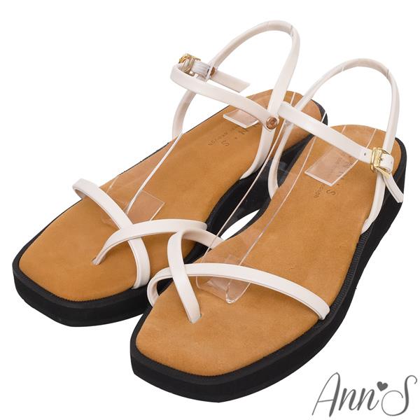 🍎任一雙現折$618🍎Ann’S水洗牛皮-3.5cm小心機厚底！「交叉套指顯瘦V口」方頭涼鞋-米白