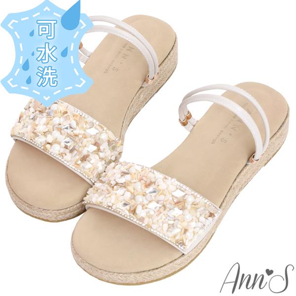 💎正價涼鞋買就送防水鞋袋💎Ann’S水洗牛皮-3cm小心機厚底！「訂製貝殼一字帶可兩穿」草編圓頭涼鞋-米白