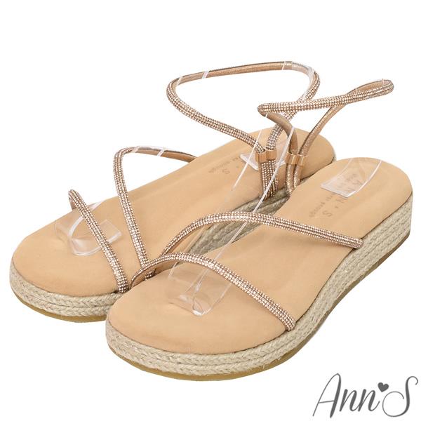 🍀兩雙現折$699🍀Ann’S 水洗牛皮-3cm小心機厚底！「訂製水鑽美型弧線細帶」草編圓頭涼鞋-玫瑰金