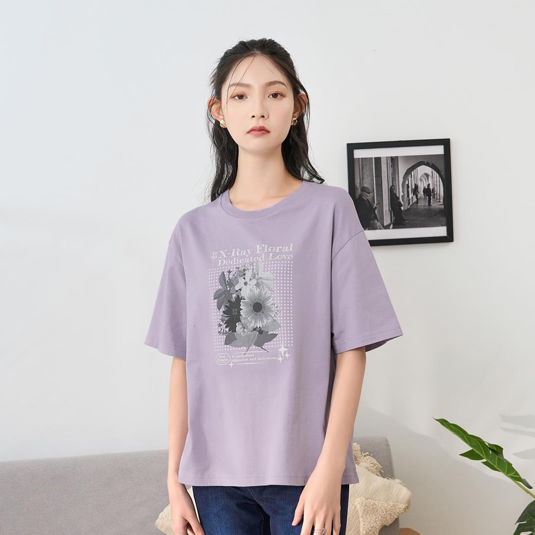 甜酷女孩向日葵花朵印花TEE(紫色)-女