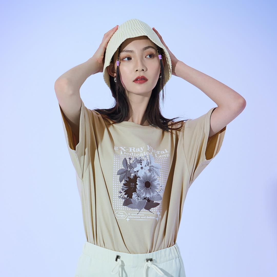 甜酷女孩向日葵花朵印花TEE(卡其色)-女