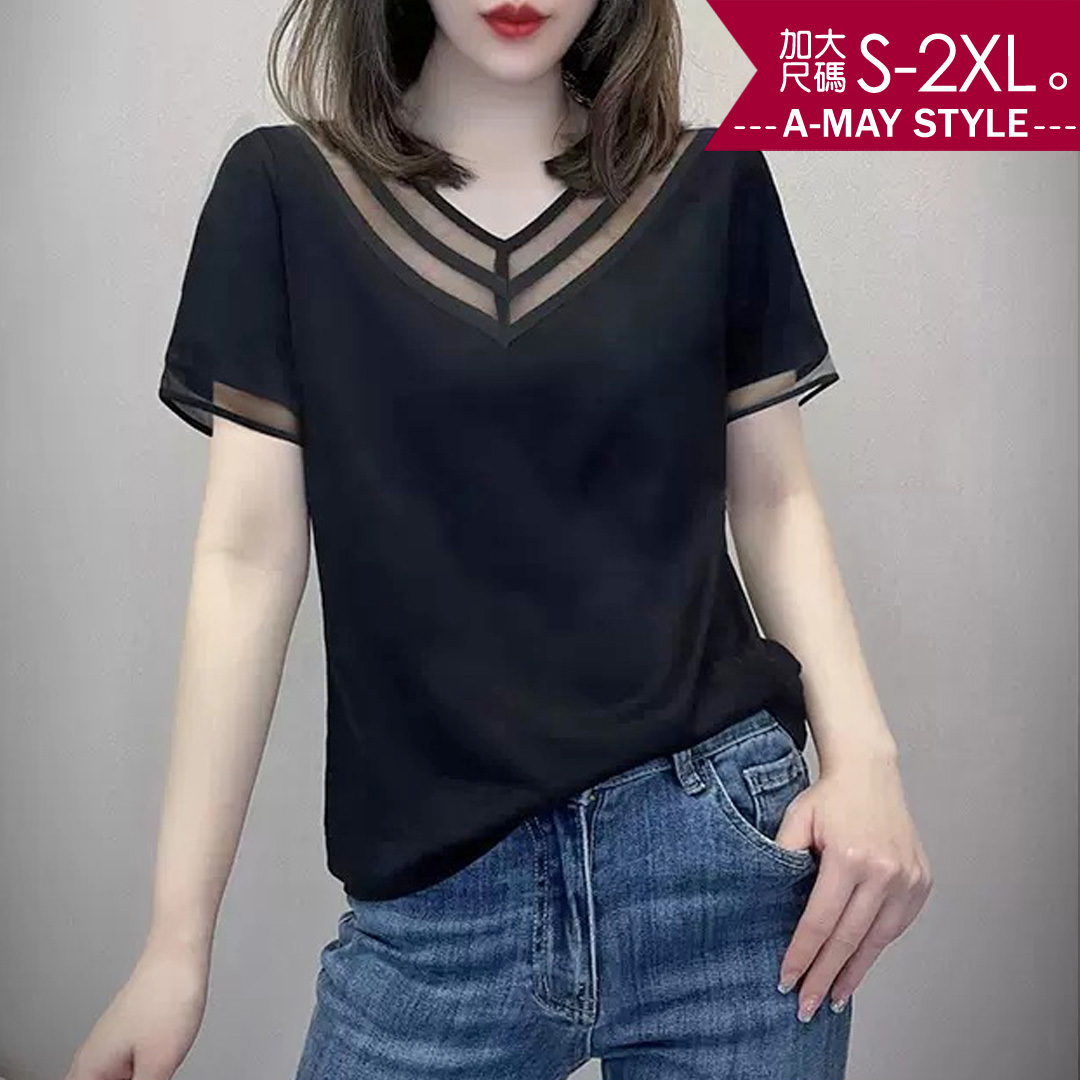 加大碼T恤-優雅V領網紗拼接短袖上衣(S-2XL)【XAL70165935】＊艾美時尚(現 預)