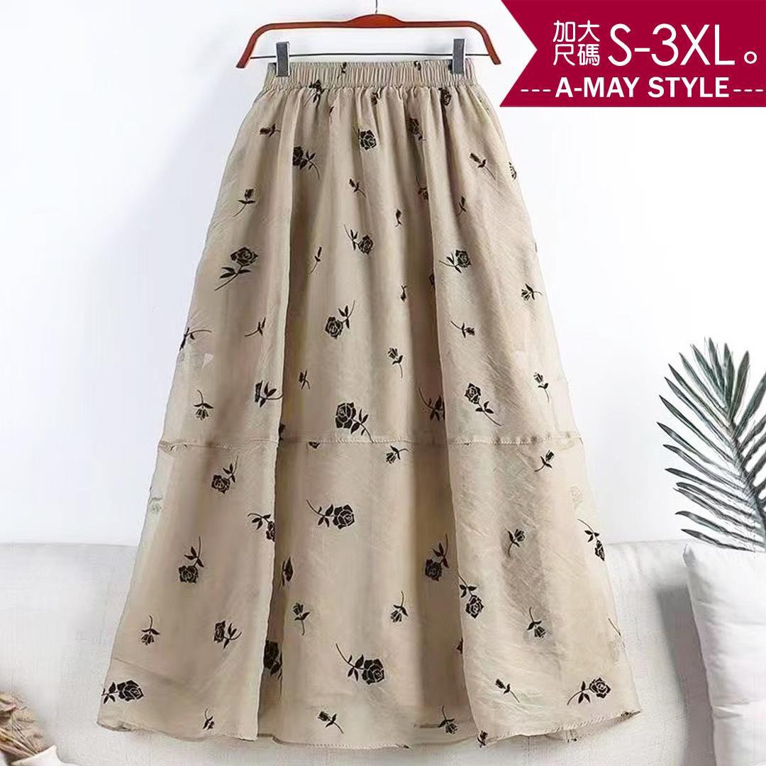 加大碼裙子-優雅玫瑰印花中長紗裙(S-3XL)【XC004040】＊艾美時尚(現 預)