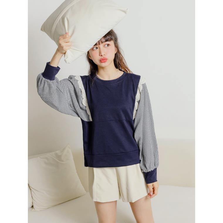 蕾絲拼接清甜格紋拋袖大學TEE