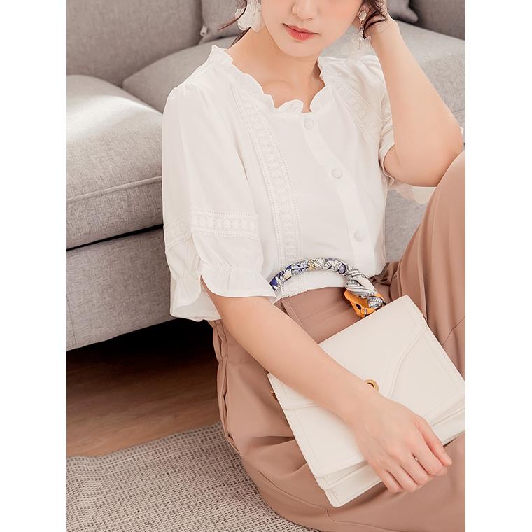 涼感甜美蕾絲滾邊五分袖襯衫上衣