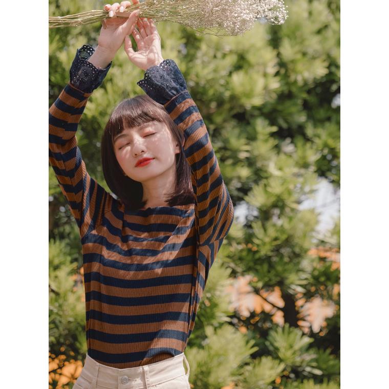 高含棉條紋花邊領蕾絲袖坑條上衣