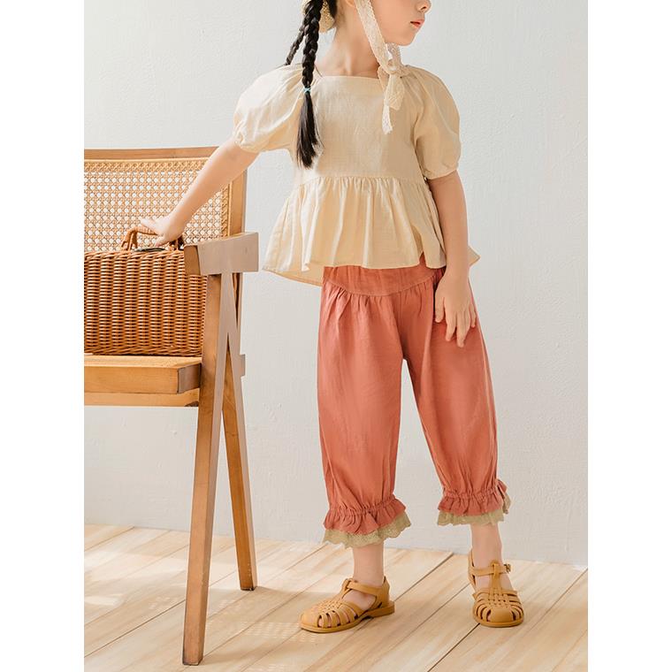 日系純棉繡花蕾絲滾邊造型長褲