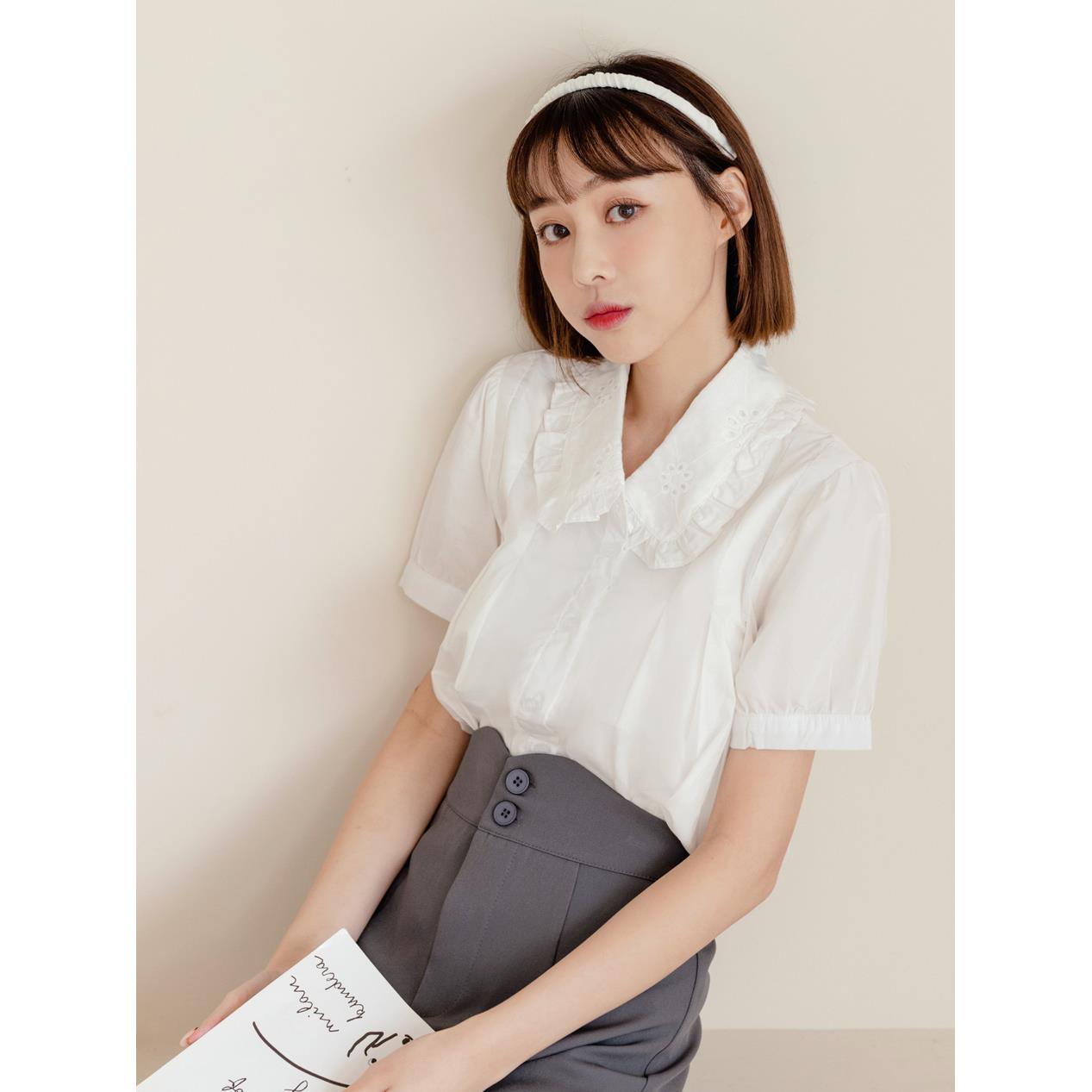 純棉蕾絲娃娃領拋袖襯衫上衣