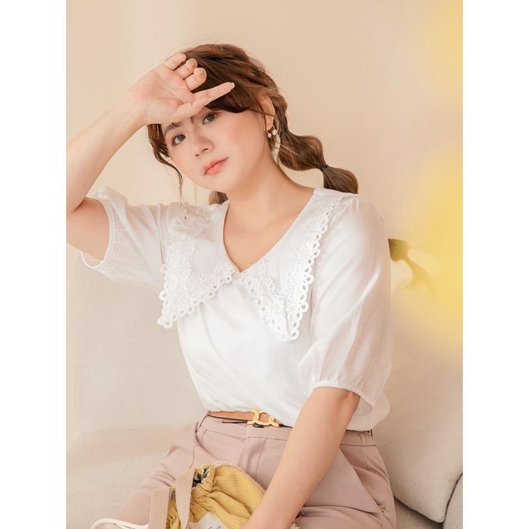雲朵自訂款-V領蕾絲甜美澎袖高含棉上衣