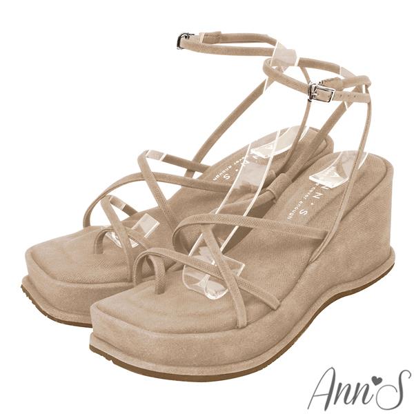 Ann’S美圖厚底系列-極細柔軟線條套指方頭涼鞋-7.5cm-米杏