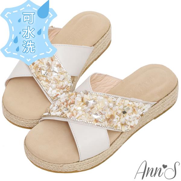 💎正價涼鞋買就送防水鞋袋💎Ann’S水洗牛皮-3cm小心機厚底！「訂製貝殼顯瘦交叉V口」草編圓頭涼鞋-米白